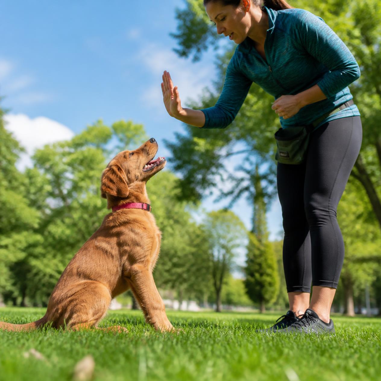 Trainerin gibt Welpe im Park ein High-Five, herzliche Interaktion