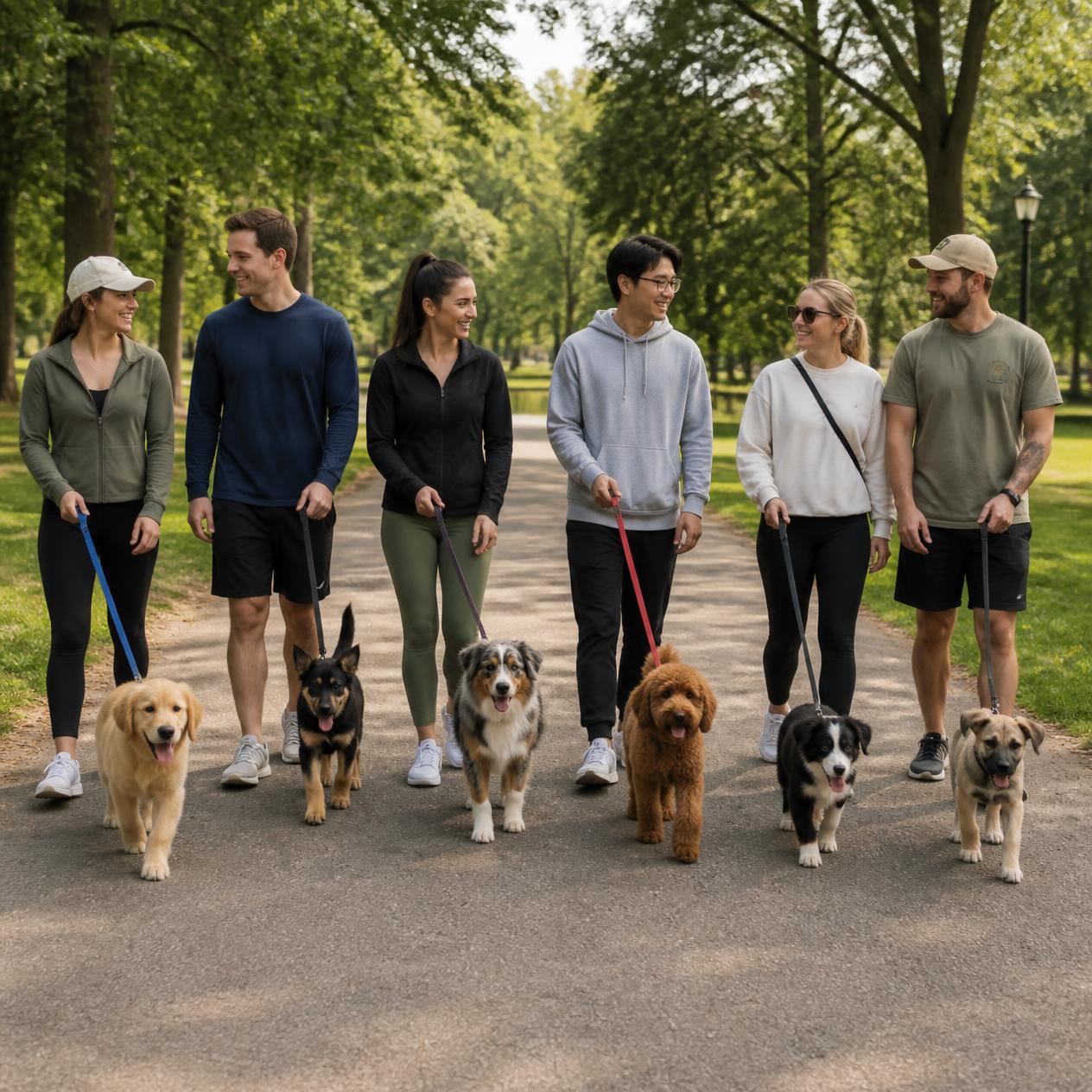 Kleingruppe mit sechs Menschen und ihren Hunden bei einem gemeinsamen Spaziergang